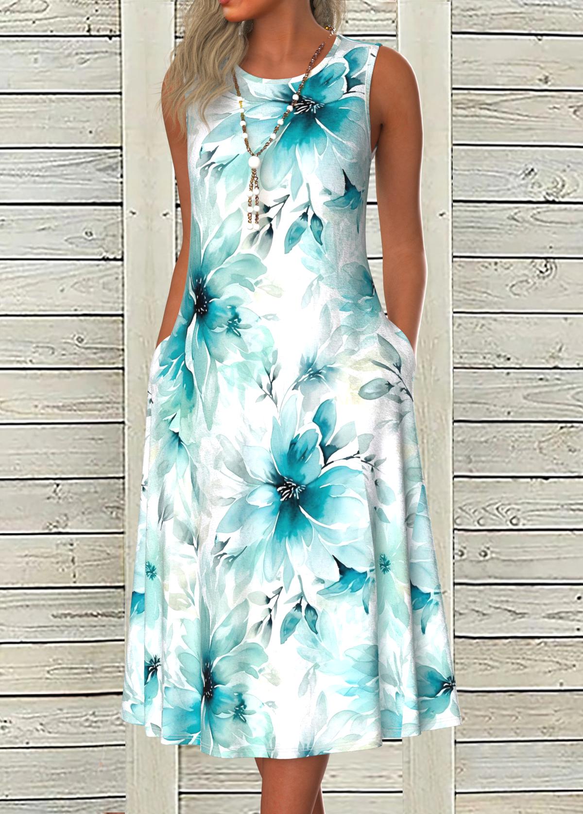 Blue Pocket Floral Print A Line Sleeveless Dress