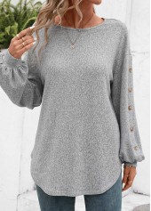 Decorative Button Long Sleeve Light Grey T Shirt