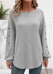 Decorative Button Long Sleeve Light Grey T Shirt | thumb picture 