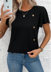 Black Button Short Sleeve Round Neck T Shirt | thumb picture 