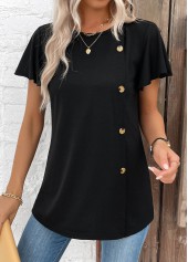 Black Button Short Sleeve Round Neck T Shirt | thumb picture 