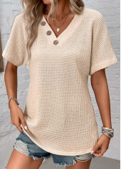 Beige Button Short Sleeve V Neck Blouse