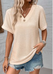 Beige Button Short Sleeve V Neck Blouse