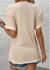 Beige Button Short Sleeve V Neck Blouse