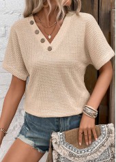Beige Button Short Sleeve V Neck Blouse