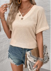 Beige Button Short Sleeve V Neck Blouse