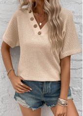 Beige Button Short Sleeve V Neck Blouse