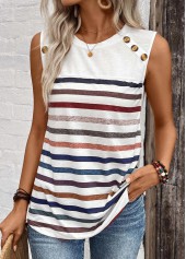 White Button Striped Round Neck Tank Top