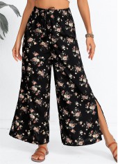 Black Split Ditsy Floral Print Flare Leg Pants