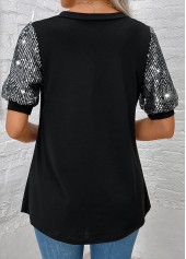 Black Sequin Short Sleeve V Neck T Shirt