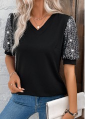 Black Sequin Short Sleeve V Neck T Shirt