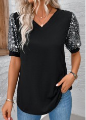 Black Sequin Short Sleeve V Neck T Shirt