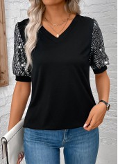 Black Sequin Short Sleeve V Neck T Shirt