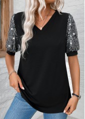 Black Sequin Short Sleeve V Neck T Shirt