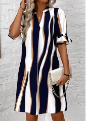Navy Patchwork Striped Half Sleeve Split Neck Dress | thumb picture 