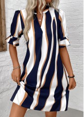 Navy Patchwork Striped Half Sleeve Split Neck Dress