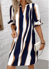 Navy Patchwork Striped Half Sleeve Split Neck Dress | thumb picture 