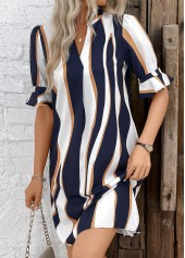Navy Patchwork Striped Half Sleeve Split Neck Dress | thumb picture 
