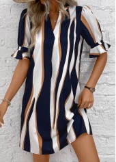 Navy Patchwork Striped Half Sleeve Split Neck Dress | thumb picture 