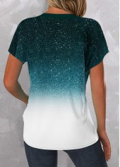 Turquoise Button Ombre Short Sleeve V Neck Blouse