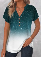 Turquoise Button Ombre Short Sleeve V Neck Blouse
