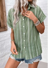 Sage Green Button Striped Short Sleeve Blouse | thumb picture 