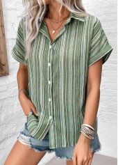 Sage Green Button Striped Short Sleeve Blouse