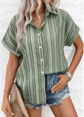 Sage Green Button Striped Short Sleeve Blouse | thumb picture 
