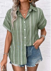 Sage Green Button Striped Short Sleeve Blouse | thumb picture 