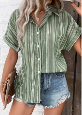 Sage Green Button Striped Short Sleeve Blouse | thumb picture 