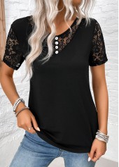 Black Lace Short Sleeve V Neck T Shirt
