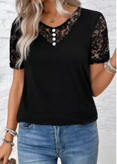 Black Lace Short Sleeve V Neck T Shirt | thumb picture 