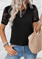 Black Lace Short Sleeve V Neck T Shirt | thumb picture 
