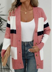 Pink Button Striped Long Sleeve Cardigan