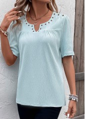 Light Blue Eyelet Short Sleeve Split Neck Blouse | thumb picture 