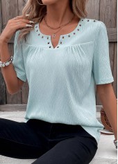 Light Blue Eyelet Short Sleeve Split Neck Blouse