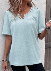 Light Blue Eyelet Short Sleeve Split Neck Blouse | thumb picture 