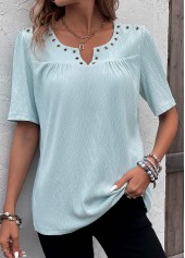 Light Blue Eyelet Short Sleeve Split Neck Blouse | thumb picture 