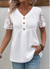 White Patchwork Short Sleeve V Neck Blouse