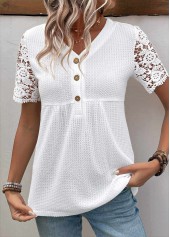 White Patchwork Short Sleeve V Neck Blouse | thumb picture 
