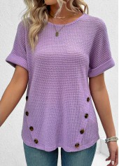 Light Purple Button Short Sleeve Round Neck T Shirt | thumb picture 