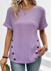 Light Purple Button Short Sleeve Round Neck T Shirt | thumb picture 