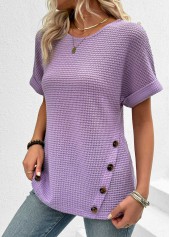 Light Purple Button Short Sleeve Round Neck T Shirt | thumb picture 