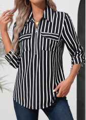 Black Zipper Striped 3/4 Sleeve Turn Down Collar Blouse
