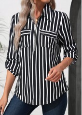 Black Zipper Striped 3/4 Sleeve Turn Down Collar Blouse | thumb picture 