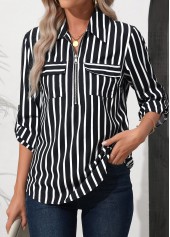Black Zipper Striped 3/4 Sleeve Turn Down Collar Blouse | thumb picture 