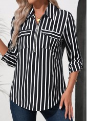 Black Zipper Striped 3/4 Sleeve Turn Down Collar Blouse | thumb picture 
