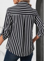 Black Zipper Striped 3/4 Sleeve Turn Down Collar Blouse | thumb picture 