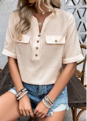 Light Camel Button Half Sleeve Split Neck Blouse | thumb picture 