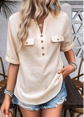 Light Camel Button Half Sleeve Split Neck Blouse | thumb picture 